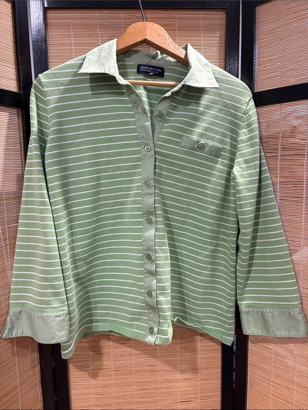 Jones New York Green and White Striped Button-Down Shirt